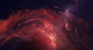 在深邃太空中，一個火紅和紫色的星雲，帶有發光的星星。