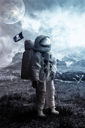 外星行星上太空人手持海盜旗，天空中有地球。