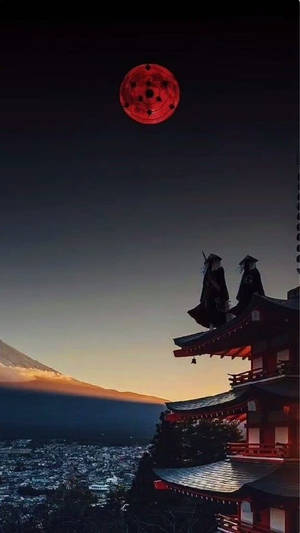 紅月下寺廟屋頂上的兩個忍者身影，背景為富士山。