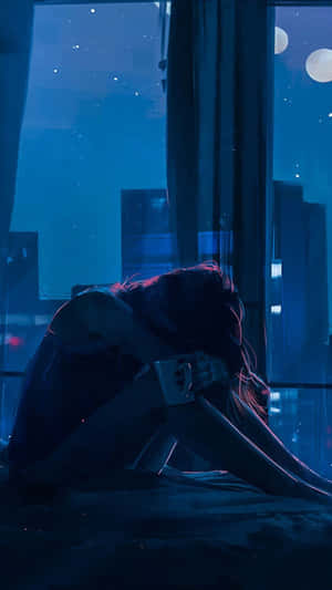 夜晚獨自坐在窗邊拿著杯子的人