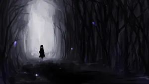 一個戴兜帽的人物穿過黑暗的森林,走向發光的隧道。