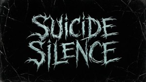 Suicide Silence樂隊標誌以鋸齒青色字體顯示在裂紋黑色背景上