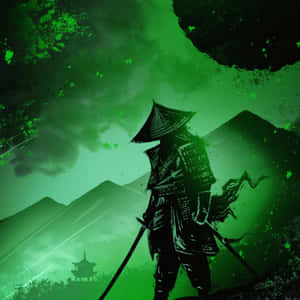 武士剪影站在山上，寶塔在綠色天空下