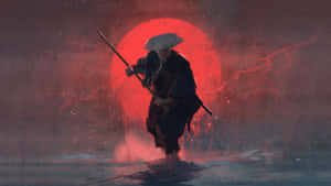 武士戰士在黃昏時分站在霧氣瀰漫的森林中，身後是紅色的太陽。