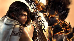一名人類戰士在奇幻戰鬥場景中對抗一個燃燒的惡魔敵人。