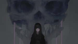 眼睛發光的動漫女孩，在一個帶有紫色霓虹燈的黑暗房間裡，站在骷髏壁畫前。