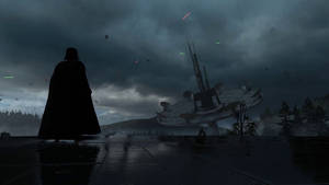 黑武士達斯維達站在暴風雨夜空下墜毀的星艦前，周圍有發光的燈光。
