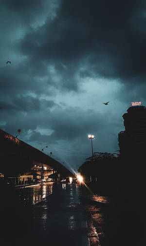 暴風雲下，發光街燈和鳥兒飛翔的黑暗雨夜城市街道。
