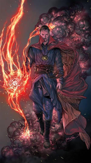 奇異博士在烏雲環繞中施展熾熱的魔法咒語。