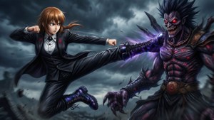 身穿黑色西裝的動漫女孩在暴風雲下踢擊擁有發光眼睛的惡魔怪物。