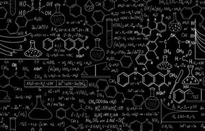 覆蓋著化學方程式和實驗室設備圖畫的黑板。 — 科學 壁紙