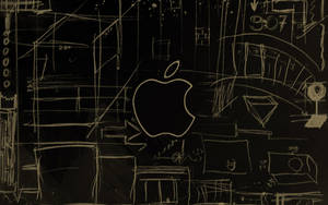 黑色背景上以白色勾勒的 Apple 標誌，搭配抽象建築草圖。