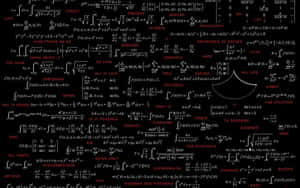 以紅色和白色文字呈現密集數學方程式和哲學短語的Wallpaper。