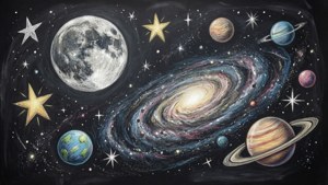 黑板風格的藝術作品，描繪了一個被行星、衛星和恆星環繞的星系。