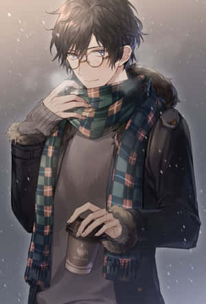 年輕動漫男子身穿冬季外套和頸巾，喺雪花飄落時拎住咖啡杯。