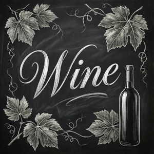 在黑板上以粉筆繪製的葡萄酒瓶和葡萄葉插圖，並帶有「葡萄酒」一詞。