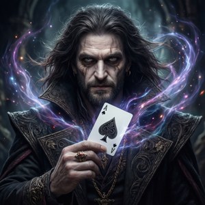 一位黑暗奇幻巫師手持黑桃A，周圍環繞著旋轉的紫色魔法。