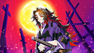 動漫惡魔獵人，紅眼睛，紫色和服，在滿月下持劍。