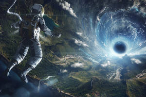 太空人在一個天空中有黑洞的星球上方漂流。