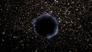黑洞帶有發光圓盤，被深空中遙遠的恆星環繞。