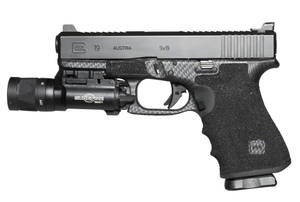 黑色碳纖維握把Glock 19手槍，配有SureFire戰術燈。