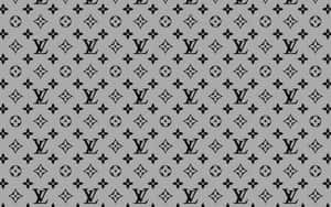 灰色背景，帶有重複的黑色 Louis Vuitton 標誌和花卉符號。 — 路易威登 壁紙
