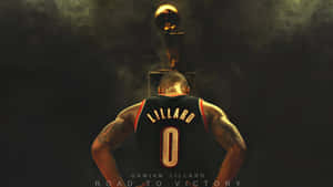 籃球運動員 Damian Lillard 身穿球衣，在黑暗煙霧環境中面對NBA獎盃。