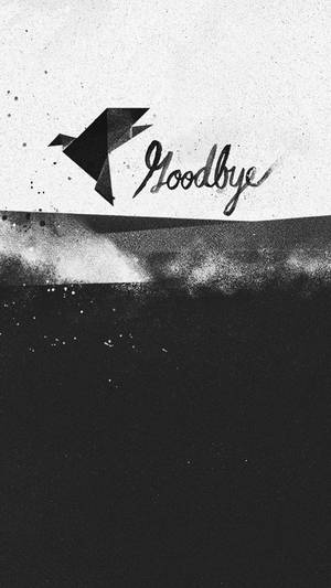 在分割的黑白紋理背景上，一隻幾何鳥和「goodbye」字樣。