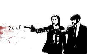 兩名身穿西裝的男子持槍，帶有血跡和 Pulp Fiction 文字。