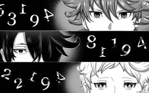 三個動漫角色，表情豐富的眼睛和風格化數字，黑白配色。