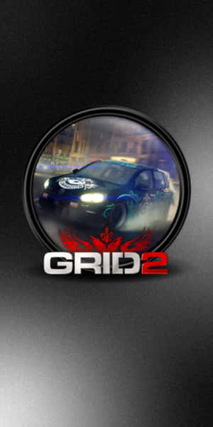 藍色賽車在圓形框架內飄移，帶有GRID 2標誌。 — 黑白 壁紙