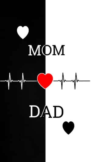 黑白圖形，mom 和 dad 文字位於心電圖線上的紅色心形兩側。 — OLED 壁紙