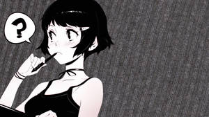 穿著黑色連衣裙的動漫女孩將筆放在唇邊，旁邊有問號對話氣泡。