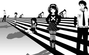 動漫角色站在條紋道路上，身後有油泵。