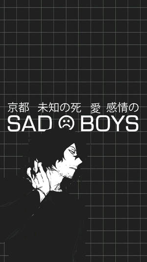 悲傷的動漫男孩將手放在頭上，背景為網格並帶有文字。