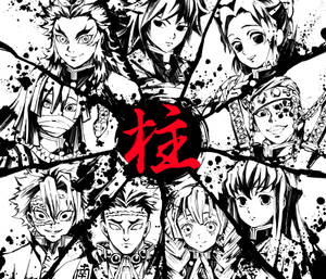 黑白動漫角色，中央紅色漢字被破碎玻璃效果包圍。 — 鬼滅之刃面具 壁紙