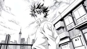 頭髮尖刺的動漫男孩站在城市陽台上，俯瞰摩天大樓和雲層 — 黑白 壁紙