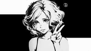 捲發動漫女孩在黑白中做出和平手勢。