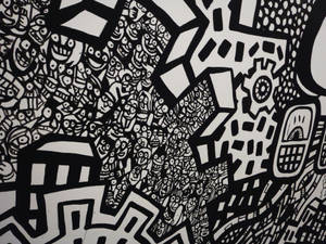 黑白抽象插圖，包含面孔、齒輪和城市形狀。