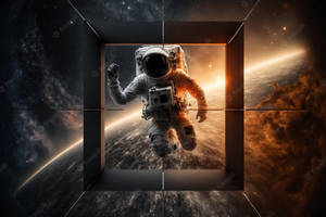 太空人在太空中漂浮穿過一個發光的宇宙門口。