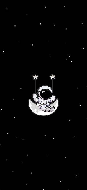 一個卡通太空人在星空中的月球鞦韆上盪來盪去。