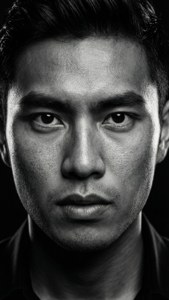 眼神銳利的嚴肅男性特寫黑白肖像。