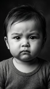 嬰兒皺著眉頭、嘟著嘴，直視鏡頭的黑白照片