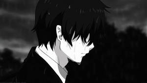一個悲傷的動漫男孩在雨中哭泣，背景黑暗。