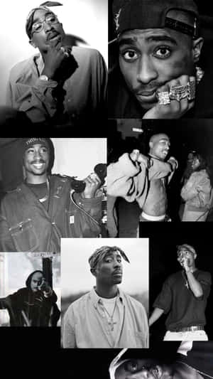 Tupac Shakur的各種黑白照片拼貼，展示他的標誌性風格和表情。