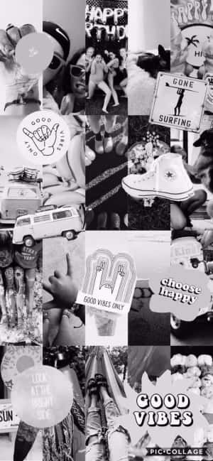 黑白拼貼畫，展現快樂時刻，包含 Vans、衝浪板和 good vibes 標誌。