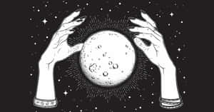 兩隻手捧著一個被星星環繞的月亮，黑白插圖。 — 插畫 壁紙