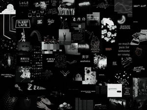 黑白拼貼畫，包含文字引用、塗鴉和怪異圖像，表達情感內省。 — 黑色美學 壁紙
