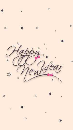 喺米色背景上帶有星星同蝴蝶結嘅 Happy New Year 祝福