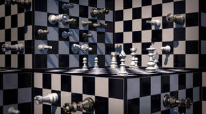 超現實 3D 渲染房間中棋盤上的國際象棋棋子。